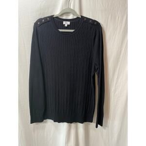 Kim Rogers Black Boat Neck Cable Knit Sweater 100% Cotton Large Ladylike